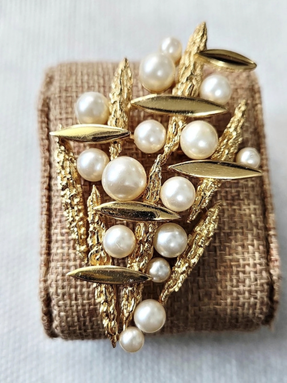 Trifari Gold-Tone and Pearl Spray Coral Reef Brooch Pin